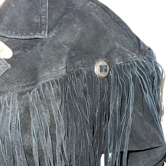 Winlit Vintage Jacket Size Medium Black Suede Fringe Asymmetric Snap Closure - Picture 8 of 14
